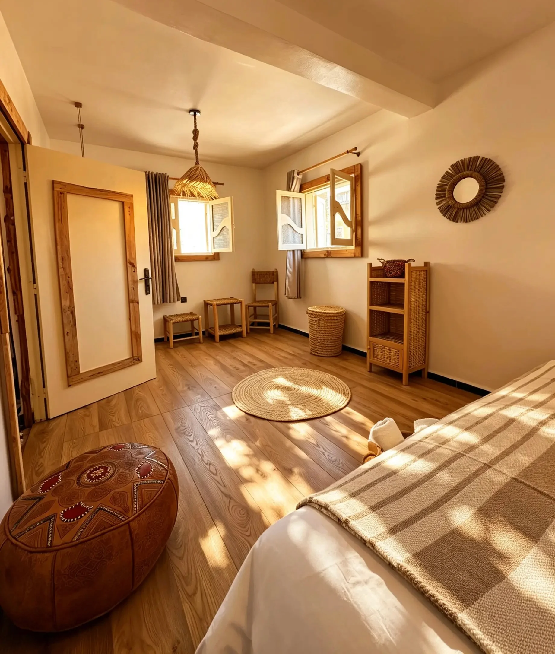 A double room at the Grip Sea Morocco base in Anza: made-up double bed, wooden floor, woven baskets and open shutters