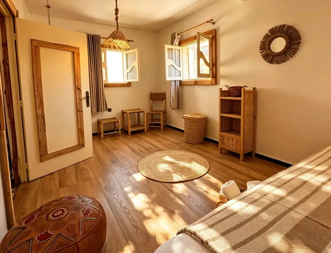 A double room at the Grip Sea Morocco base in Anza: made-up double bed, wooden floor, woven baskets and open shutters