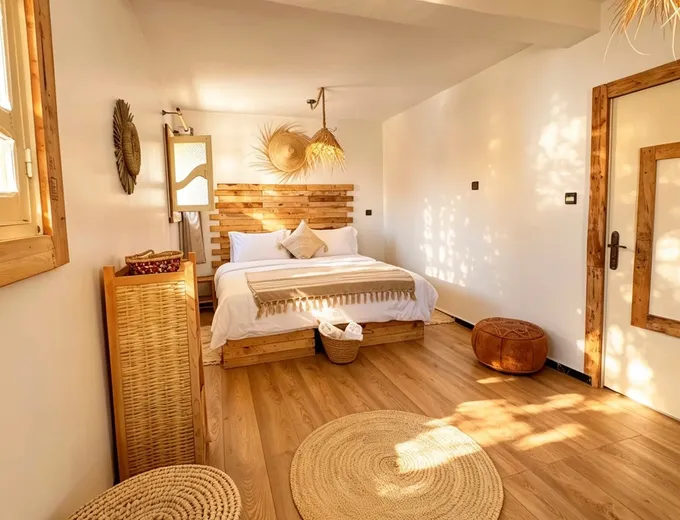A second double room at the Grip Sea Morocco base in Anza: wooden bed frame, wardrobe, floor poufs and natural light