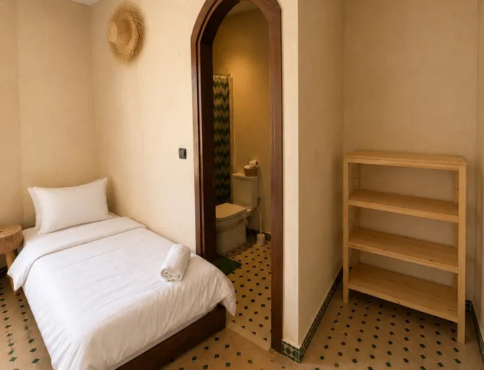 A further room at the Kymata base in Tamraght photographed on the same visit, showing beds, storage and floor tiling