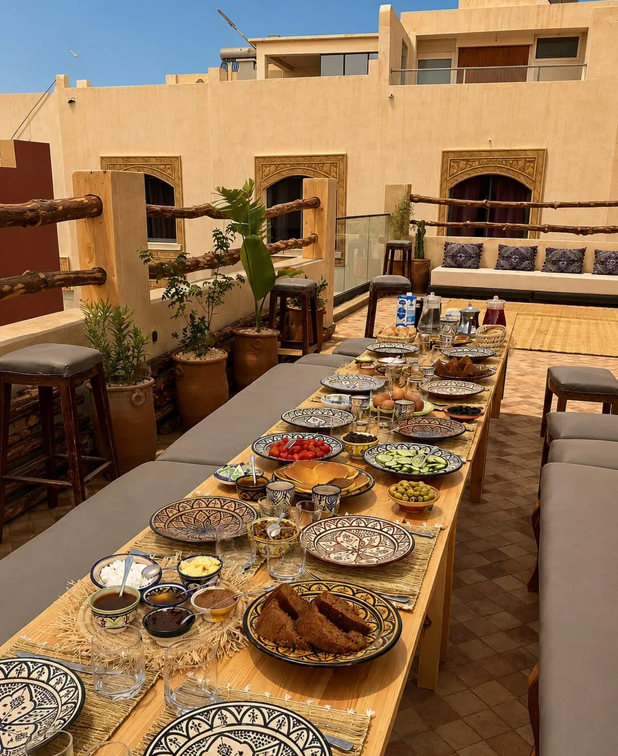 A long breakfast table laid on the terrace at our Tamraght house with bread, tomatoes, cucumber, olives, jam, eggs and tea