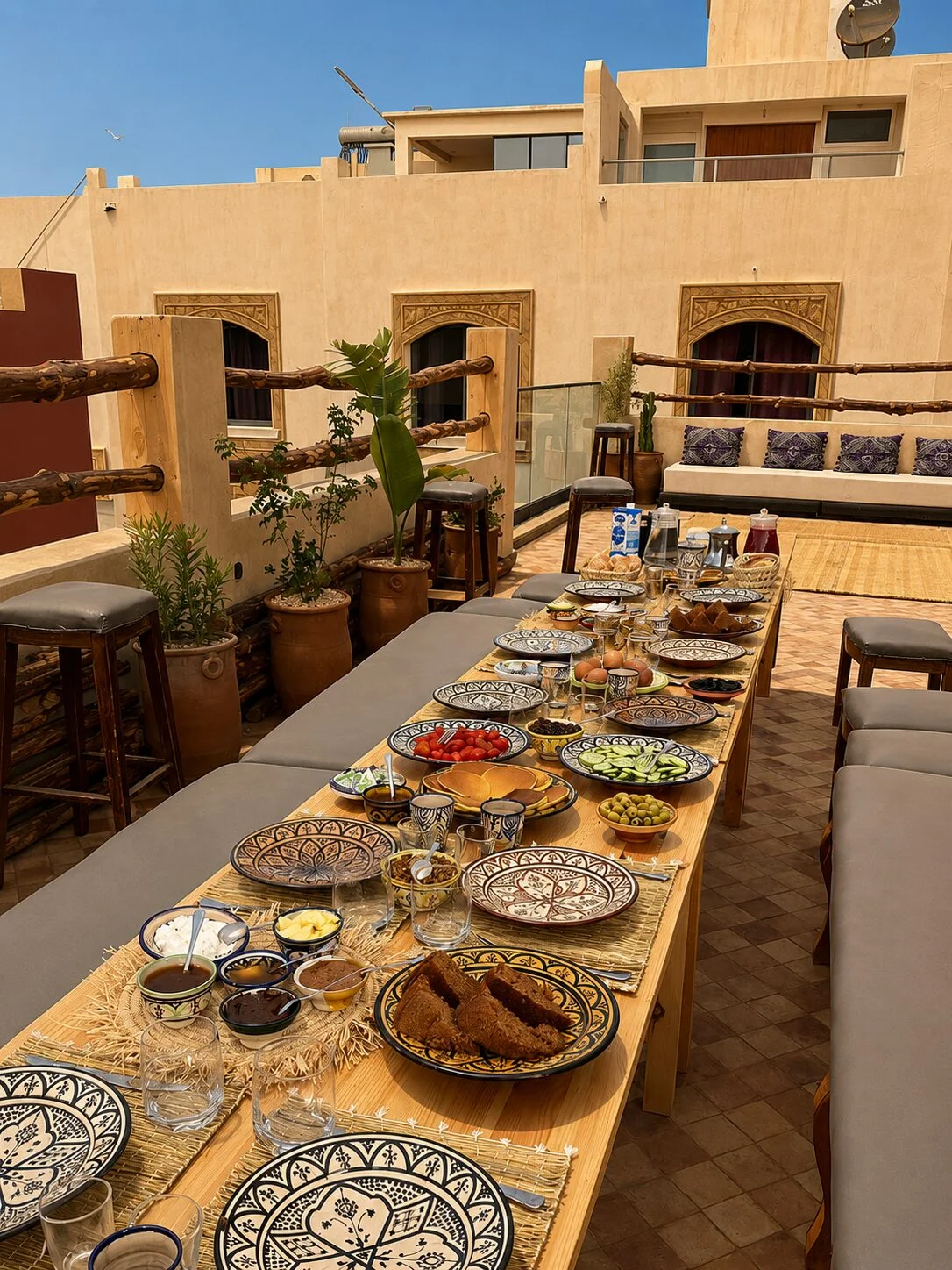 A long breakfast table laid on the terrace at our Tamraght house with bread, tomatoes, cucumber, olives, jam, eggs and tea